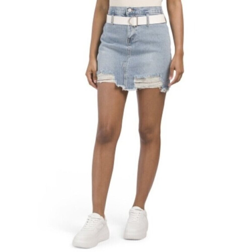 GREY LAB Women's High Rise Belted Frayed Denim Mini Skirt Small casual,Y2K, New